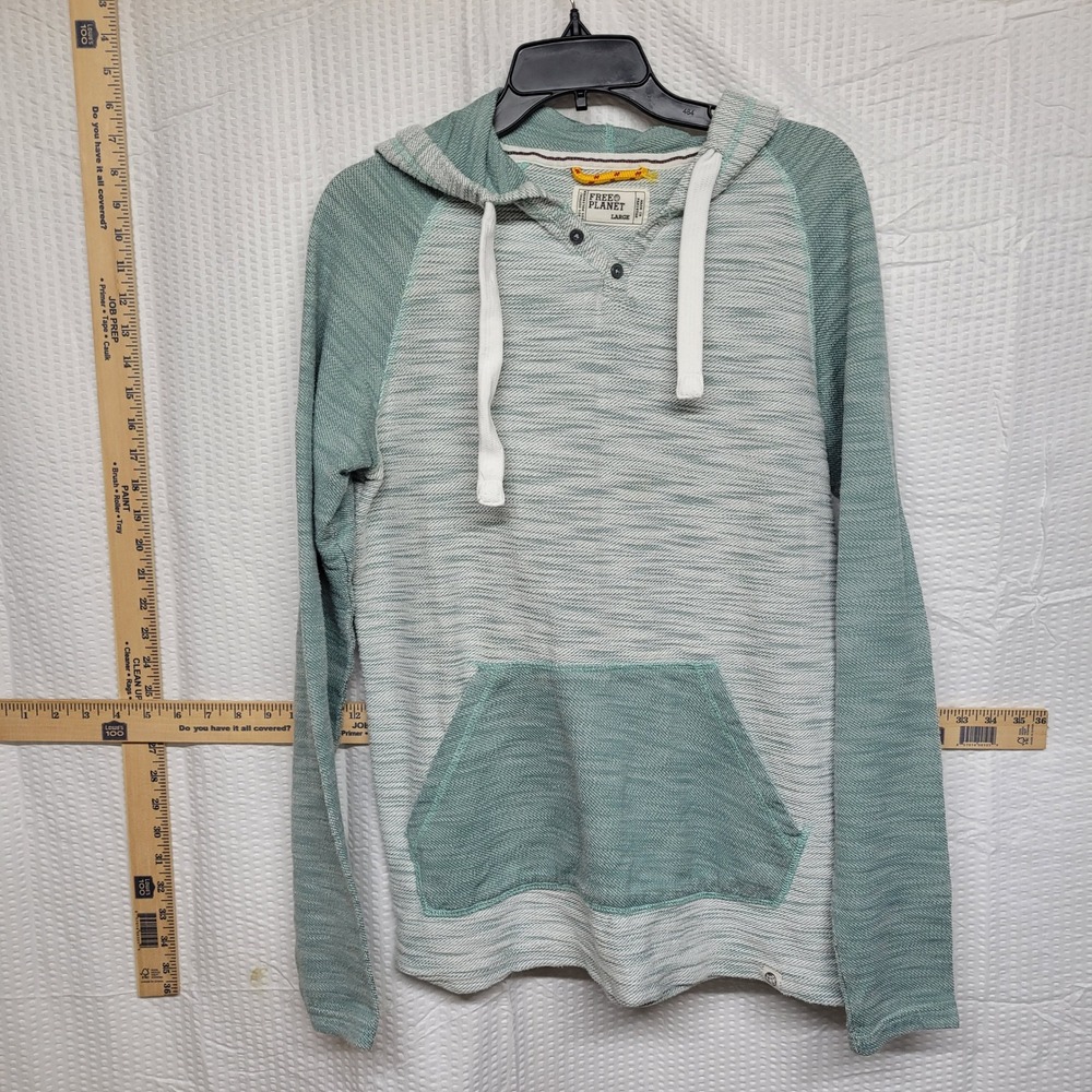Free Planet Mens Large Green Space Dye Raglan Henley Hoodie Pullover Lightweight